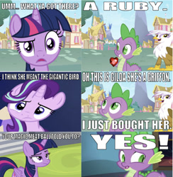 Size: 644x661 | Tagged: safe, edit, edited screencap, editor:undeadponysoldier, imported from derpibooru, screencap, gilda, spike, starlight glimmer, twilight sparkle, alicorn, dragon, griffon, unicorn, comic:spike bought a griffon, comic, confused, female, fire ruby, funny, gem, icarly, male, mare, ponyville, reference, ruby, screencap comic, twilight sparkle (alicorn), whatcha got there?, wrong aspect ratio