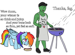 Size: 900x659 | Tagged: safe, artist:slamjam, imported from derpibooru, rainbow dash, oc, oc:anon, human, pegasus, pony, faggot, food, grill, hot dog, innocent innuendo, meat, no way fag, sausage, text, vulgar