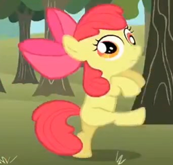 Size: 340x324 | Tagged: safe, imported from derpibooru, screencap, apple bloom, earth pony, pony, season 2, the super speedy cider squeezy 6000, cropped, derp, dizzy, female, filly, foal, hooves up, raised leg, solo