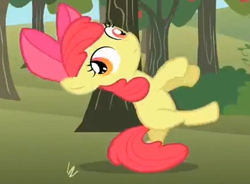 Size: 436x321 | Tagged: safe, imported from derpibooru, screencap, apple bloom, earth pony, pony, season 2, the super speedy cider squeezy 6000, about to faint, apple tree, cropped, derp, dizzy, female, filly, foal, solo, tree