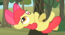 Size: 425x229 | Tagged: safe, imported from derpibooru, screencap, apple bloom, earth pony, pony, season 2, the super speedy cider squeezy 6000, apple tree, cropped, derp, dizzy, falling, female, filly, foal, solo, tree