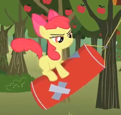 Size: 453x429 | Tagged: safe, imported from derpibooru, screencap, apple bloom, earth pony, pony, season 2, the super speedy cider squeezy 6000, apple tree, cropped, determined, female, filly, foal, punching bag, solo, tree