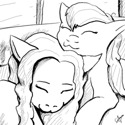 Size: 1000x1000 | Tagged: safe, artist:silence, imported from derpibooru, oc, oc:heartbeat, oc:michpone, pony, black and white, cat pose, couple, grayscale, monochrome, oc x oc, ship, shipping, shipping fuel, sleeping, snuggling