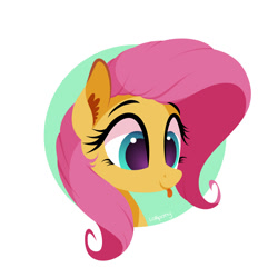 Size: 1000x1000 | Tagged: safe, artist:lollipony, imported from derpibooru, fluttershy, pegasus, pony, :p, abstract background, bust, cute, ear fluff, female, lineless, mare, portrait, shyabetes, simple background, solo, tongue out, vector, white background, wings