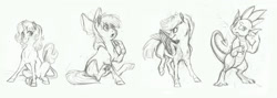 Size: 1280x457 | Tagged: safe, artist:earthsong9405, imported from derpibooru, apple bloom, scootaloo, spike, sweetie belle, dragon, earth pony, pegasus, pony, unicorn, bodyguard au, cutie mark crusaders, description is relevant, female, filly, foal, grayscale, long description, male, monochrome, pencil drawing, quartet, realistic anatomy, realistic horse legs, sitting, traditional art