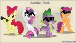 Size: 1191x670 | Tagged: safe, artist:csanimations, imported from derpibooru, apple bloom, scootaloo, spike, sweetie belle, dragon, earth pony, pegasus, pony, unicorn, backwards ballcap, baseball cap, cap, crusadespike, cutie mark crusaders, deviantart watermark, fake cutie mark, female, filly, hat, male, obtrusive watermark, scootaspike, simple background, spikebelle, spikebloom, sunglasses, swag, watermark