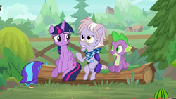 Size: 1920x1080 | Tagged: safe, imported from derpibooru, screencap, dusty pages, spike, twilight sparkle, alicorn, dragon, earth pony, pony, the point of no return, bandana, female, helmet, log, male, mare, sitting, trio, twilight sparkle (alicorn), winged spike, wings