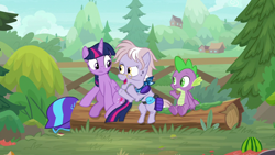 Size: 1920x1080 | Tagged: safe, imported from derpibooru, screencap, dusty pages, spike, twilight sparkle, alicorn, dragon, earth pony, pony, the point of no return, bandana, female, helmet, log, male, mare, sitting, trio, twilight sparkle (alicorn), winged spike, wings