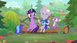 Size: 1920x1080 | Tagged: safe, imported from derpibooru, screencap, dusty pages, spike, twilight sparkle, alicorn, dragon, earth pony, pony, the point of no return, bandana, female, helmet, log, male, mare, pince-nez, sitting, trio, twilight sparkle (alicorn), winged spike, wings