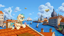 Size: 2500x1407 | Tagged: safe, artist:1jaz, imported from derpibooru, oc, oc only, oc:sun light, pegasus, pony, airship, bandaid, bandana, blaze (coat marking), boat, building, canal, city, cityscape, cloud, coat markings, commission, facial markings, hot air balloon, ocean, pier, roof, rooftop, scenery, scenery porn, ship, sky, solo focus, steampunk, steeple, venice, water