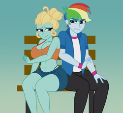 Size: 2300x2120 | Tagged: safe, artist:mashoart, imported from derpibooru, rainbow dash, zephyr breeze, equestria girls, annoyed, aura winds, belly button, bench, big breasts, breasts, busty aura winds, clothes, equestria guys, female, looking at each other, male, panties, rainbow blitz, rule 63, smiling, thong, unamused, underwear