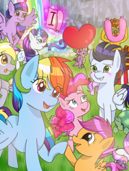 Size: 600x800 | Tagged: safe, artist:soarintothesky, imported from derpibooru, cheese sandwich, derpy hooves, pinkie pie, rainbow dash, rarity, scootaloo, soarin', spike, sweetie belle, tank, twilight sparkle, alicorn, balloon, female, food, implied shipping, implied soarindash, implied straight, male, muffin, rainbow falls (location), shipping, soarindash, straight, twilight sparkle (alicorn)