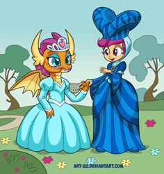 Size: 992x1052 | Tagged: safe, artist:art-2u, imported from derpibooru, scootaloo, smolder, dragon, equestria girls, clothes, cup, cute, cutealoo, dragoness, dress, duo, female, girly, lipstick, princess smolder, smolder also dresses in style, smolderbetes, teacup, tomboy taming