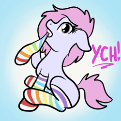 Size: 2100x2100 | Tagged: safe, artist:lannielona, imported from derpibooru, pony, advertisement, blue background, clothes, commission, female, getting dressed, looking at you, mare, mouth hold, rainbow socks, shocked, simple background, sitting, socks, solo, striped socks, your character here