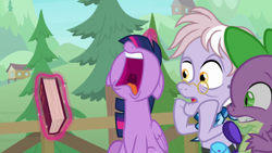 Size: 1920x1080 | Tagged: safe, edit, imported from derpibooru, screencap, dusty pages, spike, twilight sparkle, alicorn, dragon, the point of no return, book, female, floppy ears, male, twilight sparkle (alicorn), winged spike, wings