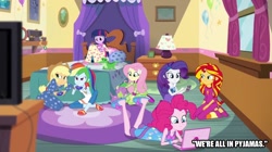 Size: 800x448 | Tagged: safe, edit, edited screencap, imported from derpibooru, screencap, applejack, fluttershy, gummy, pinkie pie, rainbow dash, rarity, spike, sunset shimmer, twilight sparkle, dog, equestria girls, rainbow rocks, captain obvious, caption, cellphone, clothes, computer, controller, humane five, image macro, laptop computer, pajamas, phone, smartphone, spike the dog, text