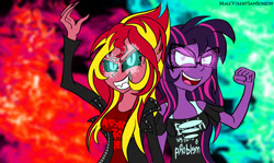 Size: 1158x690 | Tagged: safe, artist:dncsamsonart, artist:malevolentsamson, imported from derpibooru, sci-twi, sunset shimmer, twilight sparkle, equestria girls, causal midnight sparkle, duo, duo female, female, midnight sparkle, midnightsatan, sunset satan, traditional art