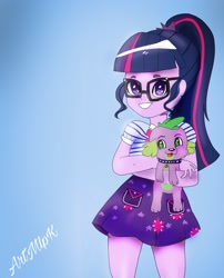 Size: 1535x1896 | Tagged: safe, artist:artmlpk, imported from derpibooru, sci-twi, spike, spike the regular dog, twilight sparkle, dog, human, equestria girls, equestria girls series, clothes, cute, female, glasses, male, photo, ponytail, puppy, skirt, smiling, spikabetes, spikelove, twiabetes
