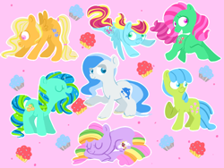Size: 800x600 | Tagged: safe, artist:blynxee, imported from derpibooru, minty, minty (g1), thistle whistle, earth pony, pegasus, pony, abstract background, eyestrain warning, g1, g3, generation leap, needs more saturation, unidentified pony, unknown pony, white outline