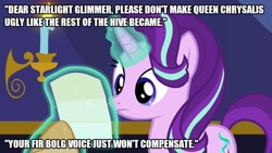 Size: 889x500 | Tagged: safe, edit, edited screencap, imported from derpibooru, screencap, starlight glimmer, pony, unicorn, to where and back again, caption, female, image macro, letter, solo, text