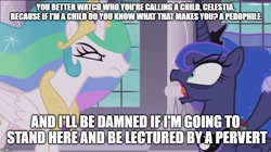 Size: 888x499 | Tagged: safe, edit, edited screencap, imported from derpibooru, screencap, princess celestia, princess luna, a royal problem, argument, bags under eyes, caption, family guy, image macro, text