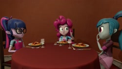 Size: 2773x1560 | Tagged: safe, artist:fazbearsparkle, imported from derpibooru, pinkie pie, sci-twi, sonata dusk, twilight sparkle, equestria girls, rainbow rocks, 3d, chair, food, fork, glasses, knife, laughing, pasta, restaurant, source filmmaker, spaghetti, spoon, table