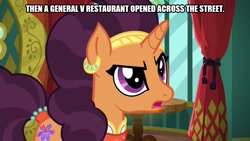 Size: 800x450 | Tagged: safe, edit, edited screencap, imported from derpibooru, screencap, saffron masala, pony, unicorn, spice up your life, anime, caption, female, general v, image macro, mister ajikko, solo, text, the tasty treat