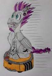 Size: 1241x1828 | Tagged: safe, artist:rapidsnap, imported from derpibooru, oc, oc only, oc:zephyr moon, pony, chest fluff, piercing, ponies riding roombas, riding, roomba, roomba rider, solo, tattoo, teeth, traditional art, zoom