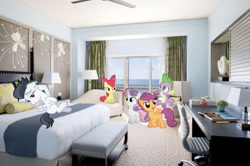 Size: 641x425 | Tagged: safe, editor:undeadponysoldier, imported from derpibooru, apple bloom, rumble, scootaloo, spike, sweetie belle, pony, apple, balcony, bed, bedroom, bedroom eyes, book, ceiling fan, chair, couch, cutie mark crusaders, desk, dragons in real life, excited, food, happy, hotel room, irl, lamp, laying on bed, leaning back, looking up, lying on bed, ocean, one of these things is not like the others, pencil, photo, pillow, ponies in real life, relaxing, stupid sexy rumble