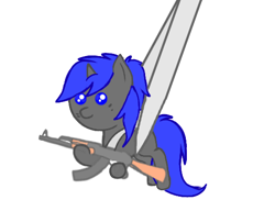 Size: 496x400 | Tagged: safe, artist:adhdsdream², imported from derpibooru, oc, oc:dream vezpyre, oc:dream², pony, unicorn, ak-47, assault rifle, gun, rifle, simple background, tiny, tiny ponies, weapon