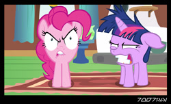 Size: 640x388 | Tagged: safe, edit, edited screencap, editor:teren rogriss, imported from derpibooru, screencap, pinkie pie, twilight sparkle, crab pony, pony, unicorn, female, floppy ears, gritted teeth, hooves, horn, mare, meme, not salmon, wat