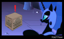 Size: 640x388 | Tagged: safe, edit, edited screencap, editor:teren rogriss, imported from derpibooru, screencap, nightmare moon, pony, unicorn, friendship is magic, armor, cardboard box, castle of the royal pony sisters, female, horn, implied twilight sparkle, mare, metal gear, the game