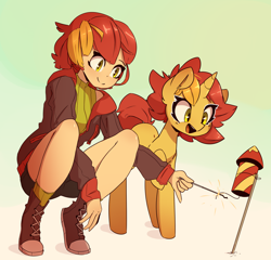 Size: 2622x2517 | Tagged: safe, artist:bloodatius, artist:luxaestas, derpibooru exclusive, imported from derpibooru, oc, oc only, oc:pastel drop, human, pony, unicorn, clothes, fireworks, humanized, self ponidox, squatting