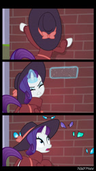 Size: 640x1134 | Tagged: safe, edit, edited screencap, editor:teren rogriss, imported from derpibooru, screencap, rarity, changeling, pony, unicorn, sparkle's seven, clothes, comic, detective rarity, disguise, disguised changeling, eyes closed, female, glowing horn, hat, hooves, horn, magic, mare, open mouth, screencap comic, telekinesis