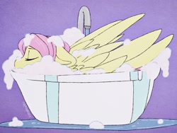 Size: 2048x1536 | Tagged: safe, artist:incendiaryboobs, artist:incendiarymoth, imported from derpibooru, fluttershy, pegasus, pony, bath, bathing, bathtub, bubble, cute, eyes closed, female, mare, purple background, relaxation, shyabetes, simple background, solo, suds, water