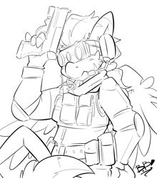 Size: 1763x2000 | Tagged: safe, artist:bbsartboutique, imported from derpibooru, oc, oc only, oc:zerstörer, oc:zulu, hippogriff, original species, zebragriff, clothes, gun, headset, leonine tail, monochrome, night vision goggles, patreon, patreon reward, solo, tacticool, talons, vest, weapon, zerb