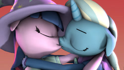 Size: 1024x576 | Tagged: safe, artist:ebayusergreen, imported from derpibooru, trixie, twilight sparkle, anthro, pony, unicorn, 3d, commission, duo, eyes closed, female, hug, kiss on the lips, kissing, lesbian, shipping, source filmmaker, twixie