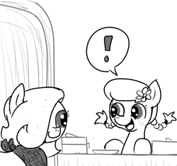 Size: 640x600 | Tagged: safe, artist:ficficponyfic, imported from derpibooru, oc, oc only, oc:emerald jewel, oc:praline, earth pony, pony, colt quest, bandana, booth, box, braided pigtails, cute, cyoa, excited, exclamation point, female, filly, flower, foal, freckles, hair over one eye, market, monochrome, solo, story included, table, vendor, vendor stall