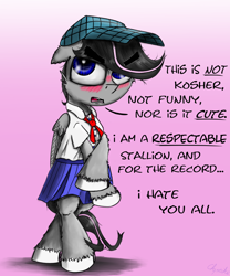 Size: 1664x2000 | Tagged: safe, artist:chopsticks, imported from derpibooru, oc, oc only, oc:chopsticks, pegasus, pony, blatant lies, blushing, cheek fluff, clothes, crossdressing, crossed hooves, crossed legs, dialogue, funny, hat, hoof fluff, i'm not cute, male, school uniform, schoolgirl, simple background, solo, stallion, text