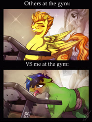 Size: 3000x4000 | Tagged: safe, artist:lupiarts, imported from derpibooru, spitfire, oc, oc:lupi, oc:lupiarts, pony, digital art, exhausted, funny, gym, looking at you, meme, one eye closed, running, sexy, smiling, sports, stupid sexy spitfire, sweat, sweatdrop, tongue out, training, treadmill, trotting, wink