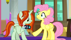 Size: 1280x720 | Tagged: safe, imported from derpibooru, screencap, crackle cosette, fluttershy, pinkie pie, queen chrysalis, pony, the mean 6, alternate hairstyle, clothes, cosplay, costume, disguised changeling, duo, mane swap, voice actor joke