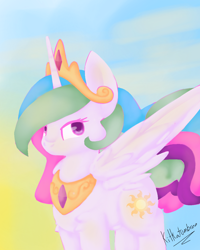 Size: 932x1167 | Tagged: safe, artist:penpale-heart, imported from derpibooru, princess celestia, alicorn, pony, female, jewelry, mare, regalia, solo, sun