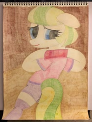Size: 4032x3024 | Tagged: safe, artist:big-kid, deleted from derpibooru, imported from derpibooru, coco pommel, earth pony, pony, made in manehattan, bed, big ear, clothes, colored pencil drawing, ear, eyelashes, leg, looking at you, looking back, looking back at you, mane, panties, shirt, smiling, sock, socks, solo, tail, thigh highs, traditional art, underwear, wall