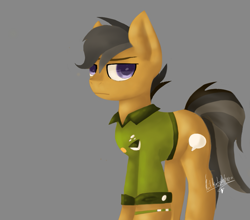 Size: 911x800 | Tagged: safe, artist:penpale-heart, imported from derpibooru, quibble pants, earth pony, pony, clothes, daring do costume, gray background, lidded eyes, looking at you, male, simple background, solo, stallion, wristband