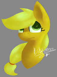 Size: 353x473 | Tagged: safe, artist:penpale-heart, imported from derpibooru, applejack, pony, bust, eye reflection, female, gray background, hair over one eye, hatless, mare, missing accessory, reflection, sidemouth, simple background, solo