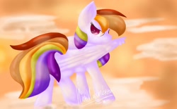 Size: 1280x794 | Tagged: safe, artist:penpale-heart, imported from derpibooru, rainbow dash, pegasus, pony, cloud, female, looking over shoulder, mare, narrowed eyes, orange sky, solo