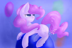 Size: 1190x800 | Tagged: safe, artist:penpale-heart, imported from derpibooru, pinkie pie, earth pony, pony, balloon, balloon riding, female, floating, lidded eyes, mare, missing cutie mark, smiling, solo, then watch her balloons lift her up to the sky
