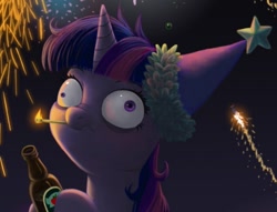 Size: 628x479 | Tagged: safe, artist:dalapony, imported from derpibooru, twilight sparkle, pony, apple cider, bottle, cropped, derp, derp face, derpface, drunk, drunk twilight, faic, fireworks, hat, match, matchstick, messy mane, new year, party hat