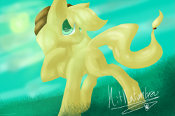 Size: 1201x800 | Tagged: safe, artist:penpale-heart, imported from derpibooru, applejack, earth pony, pony, eye reflection, female, head turn, hoof on chest, mare, missing cutie mark, raised hoof, reflection, smiling, solo, standing, three quarter view, turned head, windswept tail