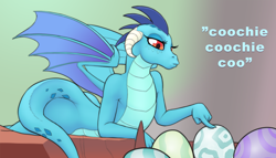 Size: 1500x857 | Tagged: safe, artist:arareroll, edit, imported from derpibooru, princess ember, dragon, sweet and smoky, backbend, cropped, dialogue, dragoness, egg, female, mama ember, scene interpretation, seductive pose, solo, tickling